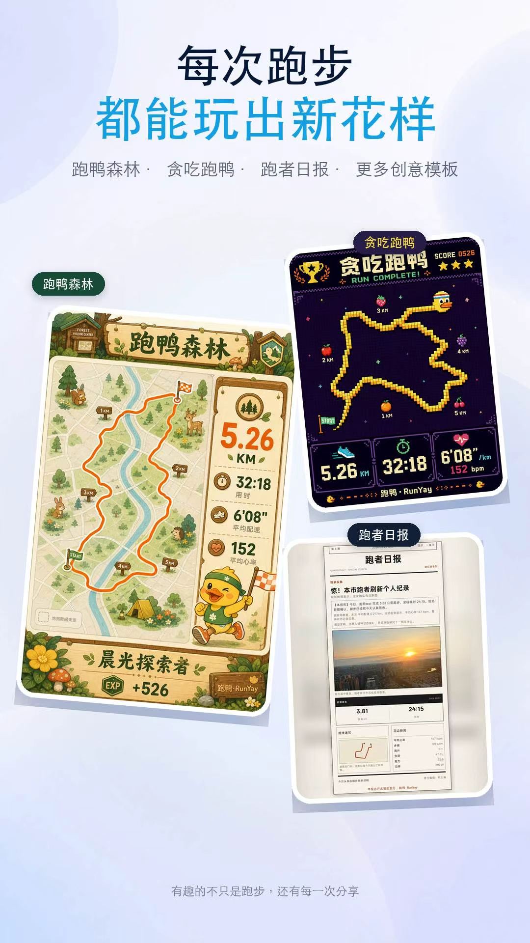 跑鸭森林、贪吃跑鸭和跑者日报创意分享模板总览